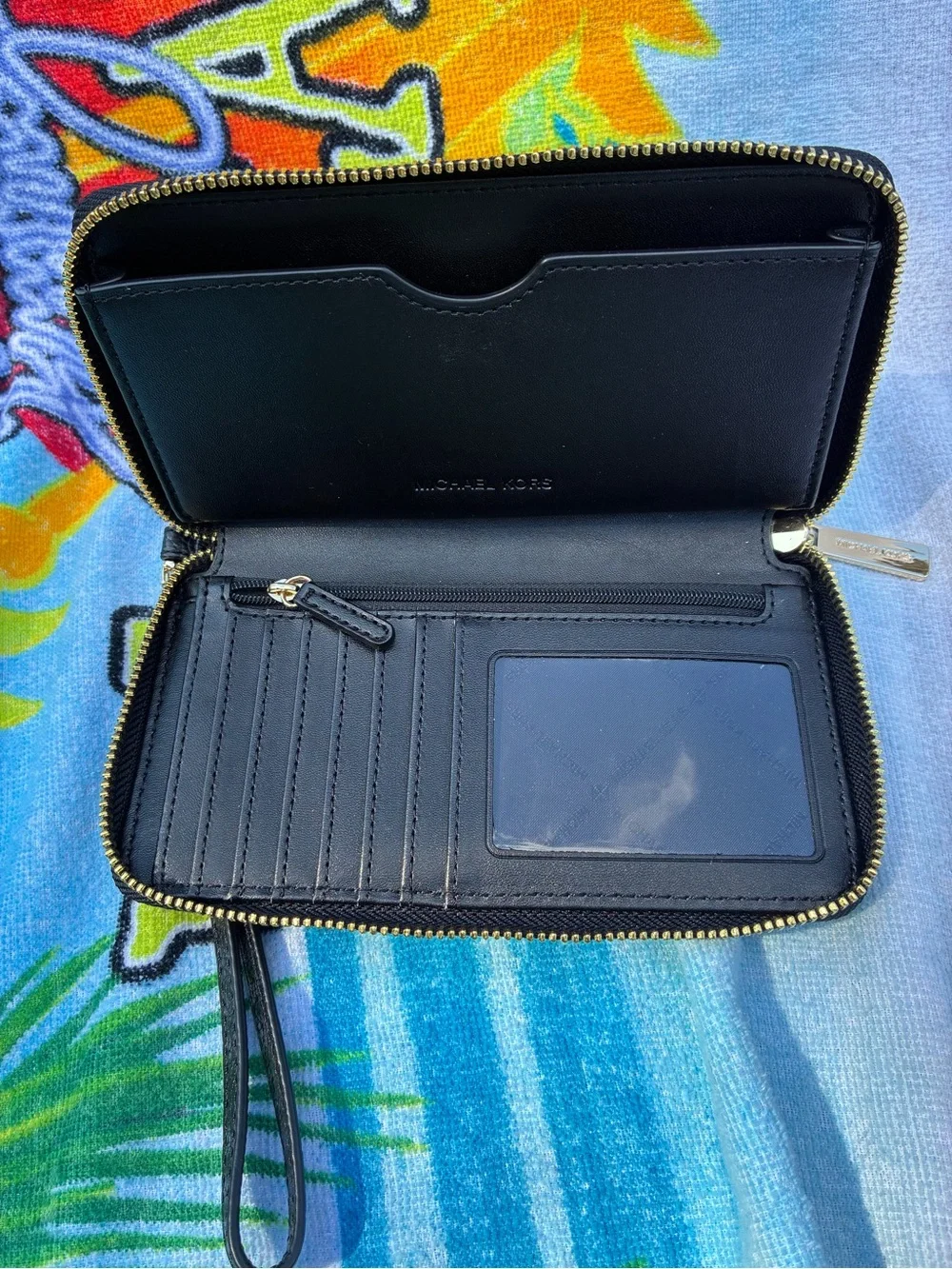 Michael Kors Black Pebbled Leather Zip Wristlet with Gold Hardware
